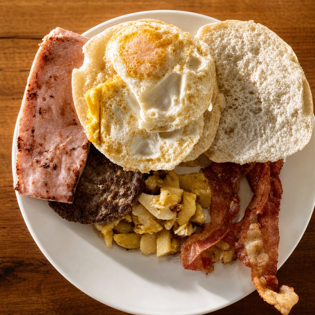 Sunrise Delight (2 Eggs, Cheese, Bacon with Home Fries).