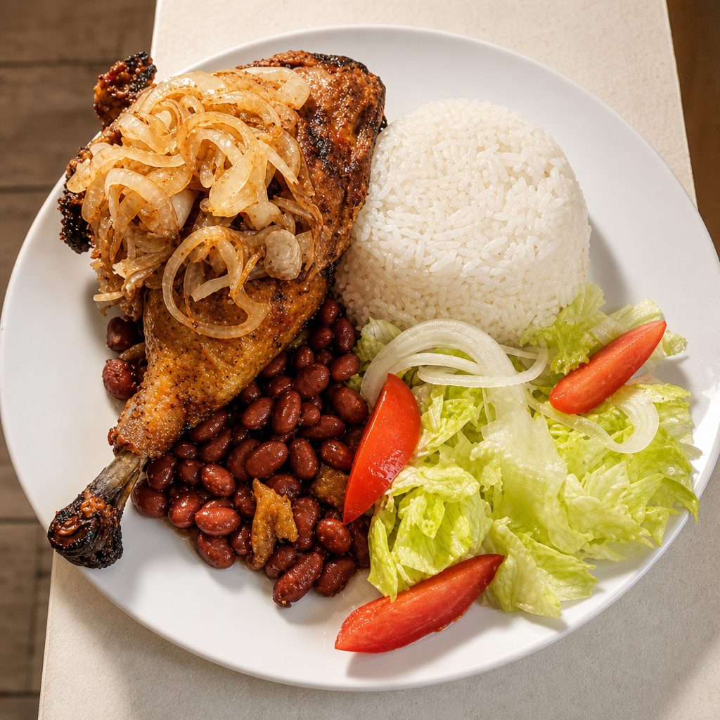 Rice, Beans, Roast Chicken & Salad.